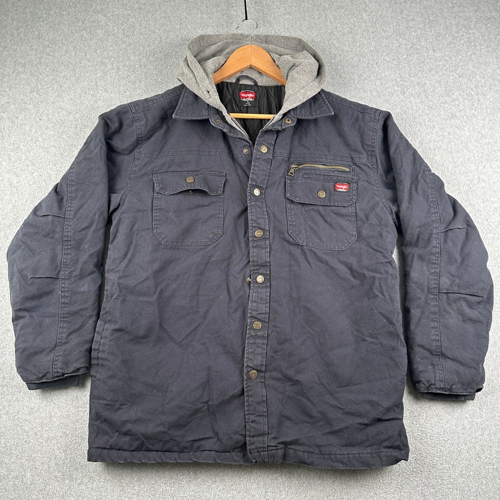 Wrangler Work Jacket Mens L WW5253 Navy Blue Hooded Quilted Canvas Workwear